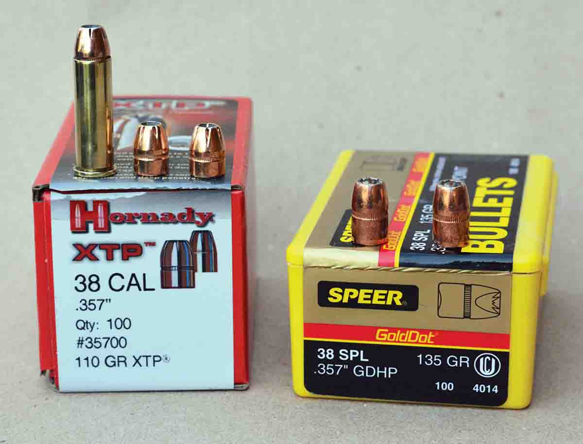 When using jacketed bullets in conjunction with standard pressure .38 S&W Special data, Brian prefers lightweight versions that weigh between 110 and 135 grains to prevent too low of velocity and help avoid the possibility of sticking a bullet in the bore. Examples include the Hornady 110-grain XTP and Speer 135-grain Gold Dot HP.
